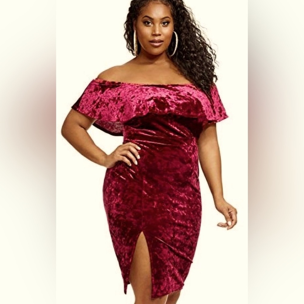 Fashion to Figure crushed velvet off the shoulder dress with side slit burgundy